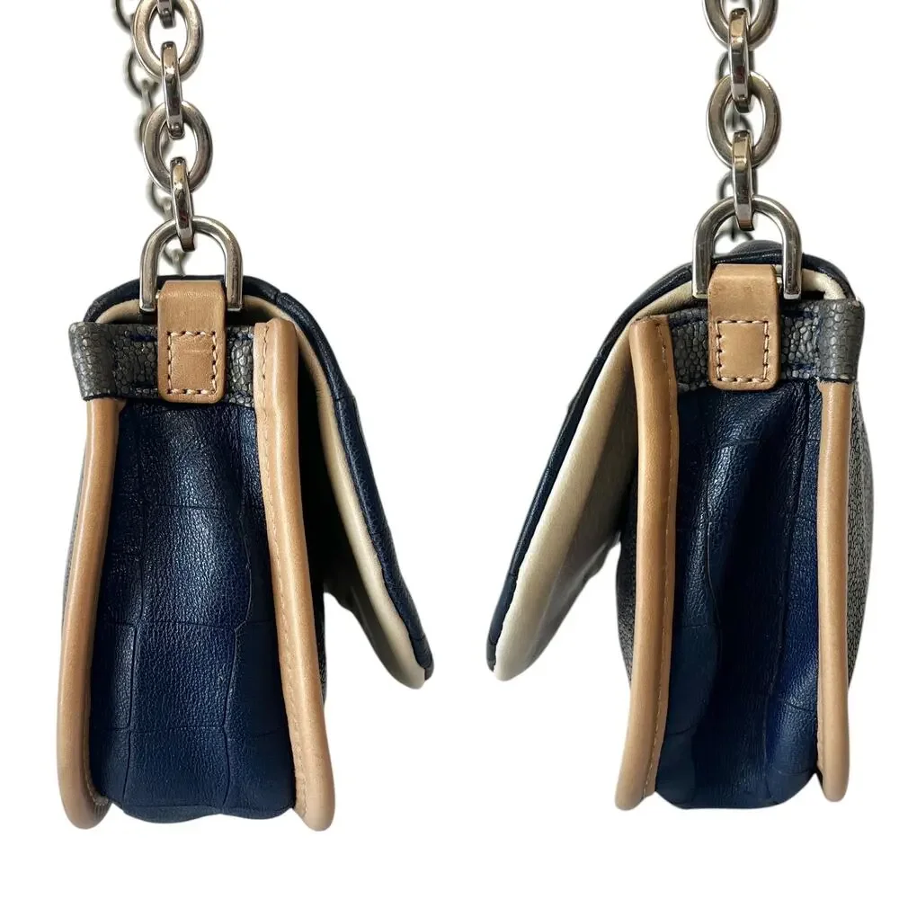 Longchamp More Is More Blue Croc Stingray Leather Chain Flap Shoulder Bag